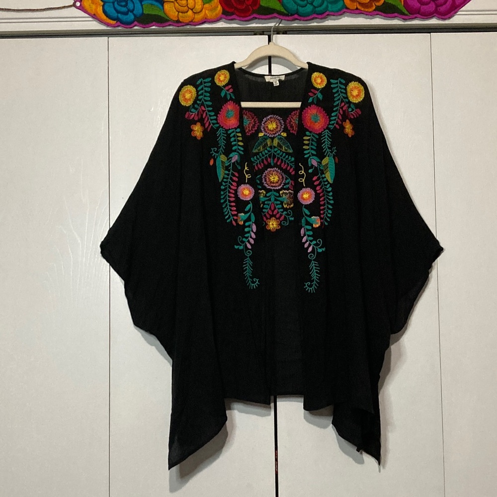 Umgee M/L Black Heavily Embroidered Dark Moody Floral Open Front Kimono Top